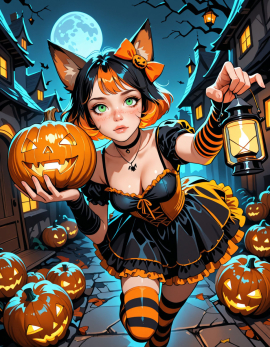 25 years old, girl, perfect face, sexy, multicolored hair, black hair, orange hair, short hair, orange hair bow, pumpkin hair ornament, fox ears, freckles, green eyes, black choker, necklace, halloween costume, striped clothes, orange dress, black dress, frilled dress, bare shoulders, short sleeves, arm warmers, stripped thighhighs, orange thighhighs, black thighhighs, holding pumpkin, holding lantern, solo, dynamic pose, dynamic angle, leaning forward, reaching towards viewer, perspective, foreshortening, leg up, night, full moon, huge moon, lantern, glowing, village, pumpkins, Halloween, Steps: 30, Sampler: Euler, Schedule type: Automatic, CFG scale: 7, Seed: 1286506150, Size: 896x1152, Model hash: 29dd7b2a74, Model: animij_v10, Denoising strength: 0.35, Style Selector Enabled: True, Style Selector Randomize: False, Style Selector Style: base, Hires Module 1: Use same choices, Hires sampler: DPM++ 2M, Hires CFG Scale: 1, Hires schedule type: Karras, Hires upscale: 2, Hires steps: 10, Hires upscaler: 4x-UltraSharp, Version: f2.0.1v1.10.1-previous-669-gdfdcbab6