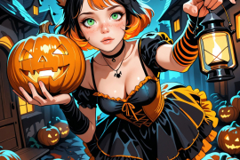 25 years old, girl, perfect face, sexy, multicolored hair, black hair, orange hair, short hair, orange hair bow, pumpkin hair ornament, fox ears, freckles, green eyes, black choker, necklace, halloween costume, striped clothes, orange dress, black dress, frilled dress, bare shoulders, short sleeves, arm warmers, stripped thighhighs, orange thighhighs, black thighhighs, holding pumpkin, holding lantern, solo, dynamic pose, dynamic angle, leaning forward, reaching towards viewer, perspective, foreshortening, leg up, night, full moon, huge moon, lantern, glowing, village, pumpkins, Halloween, Steps: 30, Sampler: Euler, Schedule type: Automatic, CFG scale: 7, Seed: 1286506150, Size: 896x1152, Model hash: 29dd7b2a74, Model: animij_v10, Denoising strength: 0.35, Style Selector Enabled: True, Style Selector Randomize: False, Style Selector Style: base, Hires Module 1: Use same choices, Hires sampler: DPM++ 2M, Hires CFG Scale: 1, Hires schedule type: Karras, Hires upscale: 2, Hires steps: 10, Hires upscaler: 4x-UltraSharp, Version: f2.0.1v1.10.1-previous-669-gdfdcbab6