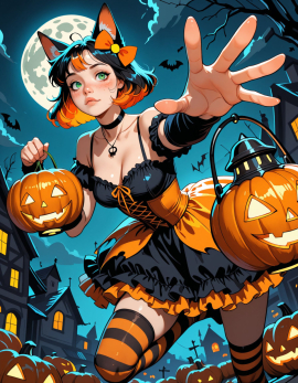 25 years old, girl, perfect face, sexy, multicolored hair, black hair, orange hair, short hair, orange hair bow, pumpkin hair ornament, fox ears, freckles, green eyes, black choker, necklace, halloween costume, striped clothes, orange dress, black dress, frilled dress, bare shoulders, short sleeves, arm warmers, stripped thighhighs, orange thighhighs, black thighhighs, holding pumpkin, holding lantern, solo, dynamic pose, dynamic angle, leaning forward, reaching towards viewer, perspective, foreshortening, leg up, night, full moon, huge moon, lantern, glowing, village, pumpkins, Halloween, Steps: 30, Sampler: Euler, Schedule type: Automatic, CFG scale: 7, Seed: 1899916315, Size: 896x1152, Model hash: 29dd7b2a74, Model: animij_v10, Denoising strength: 0.35, Style Selector Enabled: True, Style Selector Randomize: False, Style Selector Style: base, Hires Module 1: Use same choices, Hires sampler: DPM++ 2M, Hires CFG Scale: 1, Hires schedule type: Karras, Hires upscale: 2, Hires steps: 10, Hires upscaler: 4x-UltraSharp, Version: f2.0.1v1.10.1-previous-669-gdfdcbab6