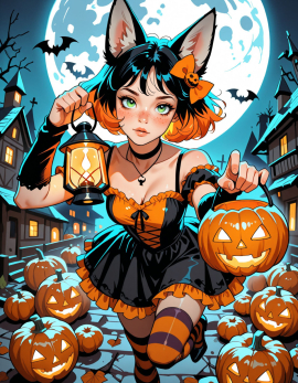 25 years old, girl, perfect face, sexy, multicolored hair, black hair, orange hair, short hair, orange hair bow, pumpkin hair ornament, fox ears, freckles, green eyes, black choker, necklace, halloween costume, striped clothes, orange dress, black dress, frilled dress, bare shoulders, short sleeves, arm warmers, stripped thighhighs, orange thighhighs, black thighhighs, holding pumpkin, holding lantern, solo, dynamic pose, dynamic angle, leaning forward, reaching towards viewer, perspective, foreshortening, leg up, night, full moon, huge moon, lantern, glowing, village, pumpkins, Halloween, Steps: 30, Sampler: Euler a, Schedule type: Automatic, CFG scale: 7, Seed: 2325361211, Size: 896x1152, Model hash: 29dd7b2a74, Model: animij_v10, Denoising strength: 0.35, Style Selector Enabled: True, Style Selector Randomize: False, Style Selector Style: base, Hires Module 1: Use same choices, Hires sampler: DPM++ 2M, Hires CFG Scale: 1, Hires schedule type: Karras, Hires upscale: 2, Hires steps: 10, Hires upscaler: 4x-UltraSharp, Version: f2.0.1v1.10.1-previous-669-gdfdcbab6