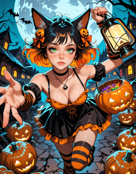 25 years old, girl, perfect face, sexy, multicolored hair, black hair, orange hair, short hair, orange hair bow, pumpkin hair ornament, fox ears, freckles, green eyes, black choker, necklace, halloween costume, striped clothes, orange dress, black dress, frilled dress, bare shoulders, short sleeves, arm warmers, stripped thighhighs, orange thighhighs, black thighhighs, holding pumpkin, holding lantern, solo, dynamic pose, dynamic angle, leaning forward, reaching towards viewer, perspective, foreshortening, leg up, night, full moon, huge moon, lantern, glowing, village, pumpkins, Halloween, Steps: 30, Sampler: Euler, Schedule type: Automatic, CFG scale: 7, Seed: 2325361211, Size: 896x1152, Model hash: 29dd7b2a74, Model: animij_v10, Denoising strength: 0.35, Style Selector Enabled: True, Style Selector Randomize: False, Style Selector Style: base, Hires Module 1: Use same choices, Hires sampler: DPM++ 2M, Hires CFG Scale: 1, Hires schedule type: Karras, Hires upscale: 2, Hires steps: 10, Hires upscaler: 4x-UltraSharp, Version: f2.0.1v1.10.1-previous-669-gdfdcbab6