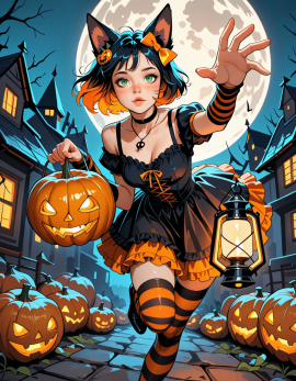 25 years old, girl, perfect face, sexy, multicolored hair, black hair, orange hair, short hair, orange hair bow, pumpkin hair ornament, fox ears, freckles, green eyes, black choker, necklace, halloween costume, striped clothes, orange dress, black dress, frilled dress, bare shoulders, short sleeves, arm warmers, stripped thighhighs, orange thighhighs, black thighhighs, holding pumpkin, holding lantern, solo, dynamic pose, dynamic angle, leaning forward, reaching towards viewer, perspective, foreshortening, leg up, night, full moon, huge moon, lantern, glowing, village, pumpkins, Halloween, Steps: 30, Sampler: Euler, Schedule type: Automatic, CFG scale: 7, Seed: 2325361212, Size: 896x1152, Model hash: 29dd7b2a74, Model: animij_v10, Denoising strength: 0.35, Style Selector Enabled: True, Style Selector Randomize: False, Style Selector Style: base, Hires Module 1: Use same choices, Hires sampler: DPM++ 2M, Hires CFG Scale: 1, Hires schedule type: Karras, Hires upscale: 2, Hires steps: 10, Hires upscaler: 4x-UltraSharp, Version: f2.0.1v1.10.1-previous-669-gdfdcbab6