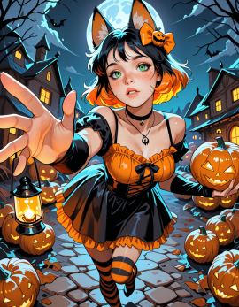 25 years old, girl, perfect face, sexy, multicolored hair, black hair, orange hair, short hair, orange hair bow, pumpkin hair ornament, fox ears, freckles, green eyes, black choker, necklace, halloween costume, striped clothes, orange dress, black dress, frilled dress, bare shoulders, short sleeves, arm warmers, stripped thighhighs, orange thighhighs, black thighhighs, holding pumpkin, holding lantern, solo, dynamic pose, dynamic angle, leaning forward, reaching towards viewer, perspective, foreshortening, leg up, night, full moon, huge moon, lantern, glowing, village, pumpkins, Halloween, Steps: 30, Sampler: Euler, Schedule type: Automatic, CFG scale: 7, Seed: 2325361213, Size: 896x1152, Model hash: 29dd7b2a74, Model: animij_v10, Denoising strength: 0.35, Style Selector Enabled: True, Style Selector Randomize: False, Style Selector Style: base, Hires Module 1: Use same choices, Hires sampler: DPM++ 2M, Hires CFG Scale: 1, Hires schedule type: Karras, Hires upscale: 2, Hires steps: 10, Hires upscaler: 4x-UltraSharp, Version: f2.0.1v1.10.1-previous-669-gdfdcbab6