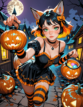 25 years old, girl, perfect face, sexy, multicolored hair, black hair, orange hair, short hair, orange hair bow, pumpkin hair ornament, fox ears, freckles, green eyes, black choker, necklace, halloween costume, striped clothes, orange dress, black dress, frilled dress, bare shoulders, short sleeves, arm warmers, stripped thighhighs, orange thighhighs, black thighhighs, holding pumpkin, holding lantern, solo, dynamic pose, dynamic angle, leaning forward, reaching towards viewer, perspective, foreshortening, leg up, night, full moon, huge moon, lantern, glowing, village, pumpkins, Halloween, Steps: 30, Sampler: Euler, Schedule type: Automatic, CFG scale: 7, Seed: 2325361216, Size: 896x1152, Model hash: 29dd7b2a74, Model: animij_v10, Denoising strength: 0.35, Style Selector Enabled: True, Style Selector Randomize: False, Style Selector Style: base, Hires Module 1: Use same choices, Hires sampler: DPM++ 2M, Hires CFG Scale: 1, Hires schedule type: Karras, Hires upscale: 2, Hires steps: 10, Hires upscaler: 4x-UltraSharp, Version: f2.0.1v1.10.1-previous-669-gdfdcbab6