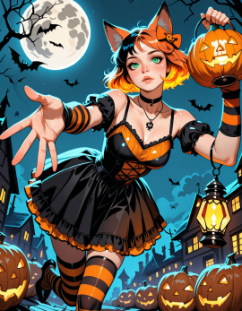 25 years old, girl, perfect face, sexy, multicolored hair, black hair, orange hair, short hair, orange hair bow, pumpkin hair ornament, fox ears, freckles, green eyes, black choker, necklace, halloween costume, striped clothes, orange dress, black dress, frilled dress, bare shoulders, short sleeves, arm warmers, stripped thighhighs, orange thighhighs, black thighhighs, holding pumpkin, holding lantern, solo, dynamic pose, dynamic angle, leaning forward, reaching towards viewer, perspective, foreshortening, leg up, night, full moon, huge moon, lantern, glowing, village, pumpkins, Halloween, Steps: 30, Sampler: Euler, Schedule type: Automatic, CFG scale: 7, Seed: 2325361218, Size: 896x1152, Model hash: 29dd7b2a74, Model: animij_v10, Denoising strength: 0.35, Style Selector Enabled: True, Style Selector Randomize: False, Style Selector Style: base, Hires Module 1: Use same choices, Hires sampler: DPM++ 2M, Hires CFG Scale: 1, Hires schedule type: Karras, Hires upscale: 2, Hires steps: 10, Hires upscaler: 4x-UltraSharp, Version: f2.0.1v1.10.1-previous-669-gdfdcbab6