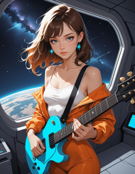 masterpiece, high_quality, highres, (flat_colors:1.3), gradient, (space_station:1.4), (zero_gravity:1.1), (stars:1.3), (deep_space:1.2), (inside:1.2), (earth_horizon:1.1), (sparkles:1.1), foreshortening, (hand_focus:1.2), 1girl, (toned_woman:1.2), (tiny_breasts:1.1), (orange_spacesuit:1.15), spacesuit_unzipped, (white_camisole:1.1), (pensive:1.15), looking_aside, (holding_guitar:1.2), (brown_hair:1.2), (zero_gravity_hair:1.25), messy_hair, bangs, (detailed_eyes:1.3), blue_eyes, droopy_eyes, (relaxed_eyes:1.2), sapphire_earrings, classy_earrings, (space_station:1.3), gizmos, (control_panels:1.1), (space_technology), (rim_light:1.2),
Negative prompt: worst_quality, bad_quality, poorly_detailed, thick_thighs, young, nasa, flag, helmet, breasts
Steps: 25, Sampler: Euler a, Schedule type: Automatic, CFG scale: 6.000000000000001, Seed: 52852233, Size: 896x1152, Model hash: 29dd7b2a74, Model: animij_v10, Denoising strength: 0.35, Style Selector Enabled: True, Style Selector Randomize: False, Style Selector Style: base, Hires Module 1: Use same choices, Hires CFG Scale: 1, Hires upscale: 2, Hires steps: 10, Hires upscaler: 4x-UltraSharp, Discard penultimate sigma: True, NGMS: 3.0, NGMS all steps: True, Version: f2.0.1v1.10.1-previous-669-gdfdcbab6