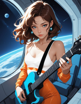 masterpiece, high_quality, highres, (flat_colors:1.3), gradient, (space_station:1.4), (zero_gravity:1.1), (stars:1.3), (deep_space:1.2), (inside:1.2), (earth_horizon:1.1), (sparkles:1.1), foreshortening, (hand_focus:1.2), 1girl, (toned_woman:1.2), (tiny_breasts:1.1), (orange_spacesuit:1.15), spacesuit_unzipped, (white_camisole:1.1), (pensive:1.15), looking_aside, (holding_guitar:1.2), (brown_hair:1.2), (zero_gravity_hair:1.25), messy_hair, bangs, (detailed_eyes:1.3), blue_eyes, droopy_eyes, (relaxed_eyes:1.2), sapphire_earrings, classy_earrings, (space_station:1.3), gizmos, (control_panels:1.1), (space_technology), (rim_light:1.2),
Negative prompt: worst_quality, bad_quality, poorly_detailed, thick_thighs, young, nasa, flag, helmet, breasts
Steps: 10, Sampler: Euler a, Schedule type: Automatic, CFG scale: 6.000000000000001, Seed: 52852233, Size: 896x1152, Model hash: 29dd7b2a74, Model: animij_v10, Denoising strength: 0.35, Style Selector Enabled: True, Style Selector Randomize: False, Style Selector Style: base, Hires Module 1: Use same choices, Hires CFG Scale: 1, Hires upscale: 2, Hires steps: 10, Hires upscaler: 4x-UltraSharp, Discard penultimate sigma: True, NGMS: 3.0, NGMS all steps: True, Version: f2.0.1v1.10.1-previous-669-gdfdcbab6