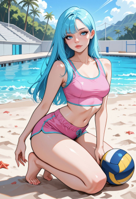 masterpiece, best quality, amazing quality, high-resolution, detailed skin, cheeky, posing, vibrant colors, warm tones, 1girl, lipstick, uncensored, makeup, nose, lips, detailed face, medium breasts, thick thighs, bare feet, long hair, straight hair, shorts, crop top, beach, volleyball_court, volleyball, sunny, daytime, summer, masterpiece, best quality, amazing quality, very aesthetic, absurdres, newest, zPDXLxxx zPDXL3
Negative prompt: 3d, lowres, worst quality, bad quality, sepia, asian, red hair, pubic hair, excessive cum, bad anatomy, jpeg artifacts, signature, watermark, old, oldest, censored, bar censor, large breasts, zPDXLxxx-neg
Steps: 30, Sampler: Euler a, Schedule type: Automatic, CFG scale: 5.5, Seed: 3131520275, Size: 832x1216, Model hash: 29dd7b2a74, Model: animij_v10, Denoising strength: 0.35, Style Selector Enabled: True, Style Selector Randomize: False, Style Selector Style: base, Hires Module 1: Use same choices, Hires sampler: DPM++ 2M, Hires CFG Scale: 1, Hires schedule type: Karras, Hires upscale: 2, Hires steps: 10, Hires upscaler: 4x-UltraSharp, TI: "zPDXLxxx, zPDXL, zPDXLxxx, zPDXL", Version: f2.0.1v1.10.1-previous-669-gdfdcbab6