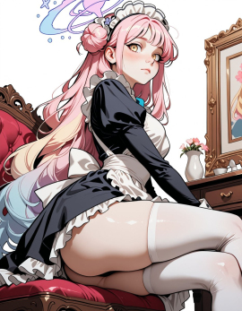 A detailed and colorful -style drawing of a woman with long, wavy pink and blue hair, wearing a black and white maid outfit with frilly details, sitting in the middle of the image with her legs crossed. she has a serious expression and is looking directly at the viewer with her golden eyes. her hair is styled in loose waves and cascades down her back, with a few strands framing her face. the background is a simple, light-colored gradient of light blue and white, with stars and sparkles scattered around her head, giving the image a whimsical and dreamy atmosphere. the woman appears to be in her early twenties, with pale skin and a slender build, and her long, flowing pink hair is adorned with a small flower in her hair. she is sitting with her upper body facing the viewer, looking off to the side with a thoughtful expression. the overall style is reminiscent of japanese art, with intricate details and vibrant colors that bring the image to life. 1girl, solo, character:mika (blue archive), halo, pink hair, rating:sensitive, yellow eyes, dress, long hair, frills, alternate costume, looking at viewer, apron, maid, hair bun, long sleeves, white background, frilled dress, single side bun, black dress, white pantyhose, closed mouth, simple background, hair ornament, enmaided, ass, pantyhose, white apron, breasts, pink halo, juliet sleeves, frilled apron, puffy sleeves, flower, hair flower, thighs, from below, maid apron, thighhighs, , incoth, (incase:0.2),
Steps: 30, Sampler: Euler, Schedule type: Automatic, CFG scale: 7, Seed: 972293642, Size: 896x1152, Model hash: 29dd7b2a74, Model: animij_v10, Denoising strength: 0.35, Style Selector Enabled: True, Style Selector Randomize: False, Style Selector Style: base, Hires Module 1: Use same choices, Hires sampler: DPM++ 2M, Hires CFG Scale: 1, Hires schedule type: Karras, Hires upscale: 2, Hires steps: 10, Hires upscaler: 4x-UltraSharp, Version: f2.0.1v1.10.1-previous-669-gdfdcbab6