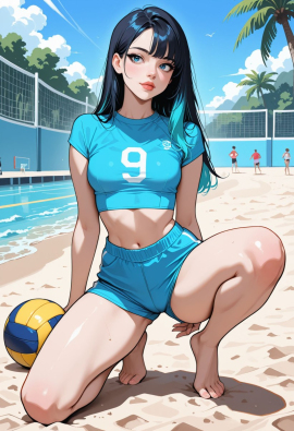 masterpiece, best quality, amazing quality, high-resolution, detailed skin, cheeky, posing, vibrant colors, warm tones, 1girl, lipstick, uncensored, makeup, nose, lips, detailed face, medium breasts, thick thighs, bare feet, long hair, straight hair, shorts, crop top, beach, volleyball_court, volleyball, sunny, daytime, summer, masterpiece, best quality, amazing quality, very aesthetic, absurdres, newest, zPDXLxxx zPDXL3
Negative prompt: 3d, lowres, worst quality, bad quality, sepia, asian, red hair, pubic hair, excessive cum, bad anatomy, jpeg artifacts, signature, watermark, old, oldest, censored, bar censor, large breasts, zPDXLxxx-neg
Steps: 30, Sampler: Euler a, Schedule type: Automatic, CFG scale: 5.5, Seed: 3131520280, Size: 832x1216, Model hash: 29dd7b2a74, Model: animij_v10, Denoising strength: 0.35, Style Selector Enabled: True, Style Selector Randomize: False, Style Selector Style: base, Hires Module 1: Use same choices, Hires sampler: DPM++ 2M, Hires CFG Scale: 1, Hires schedule type: Karras, Hires upscale: 2, Hires steps: 10, Hires upscaler: 4x-UltraSharp, TI: "zPDXLxxx, zPDXL, zPDXLxxx, zPDXL", Version: f2.0.1v1.10.1-previous-669-gdfdcbab6