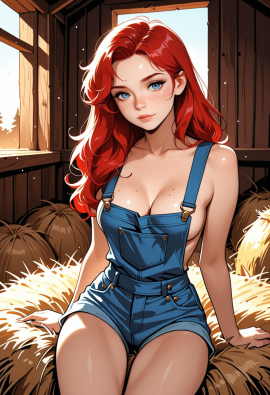 1woman, adult, sexy, petite, long hair, medium breasts, cleavage, red hair, freckles, (wearing nothing but overall shorts), blue eyes, in a barn, sitting on a bale of hay,  040790, air particles, godrays, (no shirt, no undershirt)
Negative prompt: Wide hips, thick thighs, worst quality, low quality, normal quality, bad feet, bad hands, blurry, cropped, cross-eyed, deformed, error, extra arms, extra digit, extra fingers, extra legs, extra limbs, fewer digits, fused fingers, fused limbs, gross proportions, jpeg artifacts, long neck, long body, lowres, malformed limbs, missing arms, missing fingers, missing legs, mutated hands, mutation, poorly drawn face, poorly drawn hands, signature, text, too many fingers, username, watermark, asian, muscular, navel, belly button,
Steps: 20, Sampler: Euler a, Schedule type: Automatic, CFG scale: 7, Seed: 2633187615, Size: 832x1216, Model hash: 29dd7b2a74, Model: animij_v10, Denoising strength: 0.35, Style Selector Enabled: True, Style Selector Randomize: False, Style Selector Style: base, Hires Module 1: Use same choices, Hires sampler: DPM++ 2M, Hires CFG Scale: 1, Hires schedule type: Karras, Hires upscale: 2, Hires steps: 10, Hires upscaler: 4x-UltraSharp, Version: f2.0.1v1.10.1-previous-669-gdfdcbab6