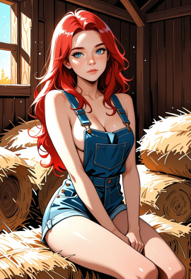 1woman, adult, sexy, petite, long hair, medium breasts, cleavage, red hair, freckles, (wearing nothing but overall shorts), blue eyes, in a barn, sitting on a bale of hay,  040790, air particles, godrays, (no shirt, no undershirt)
Negative prompt: Wide hips, thick thighs, worst quality, low quality, normal quality, bad feet, bad hands, blurry, cropped, cross-eyed, deformed, error, extra arms, extra digit, extra fingers, extra legs, extra limbs, fewer digits, fused fingers, fused limbs, gross proportions, jpeg artifacts, long neck, long body, lowres, malformed limbs, missing arms, missing fingers, missing legs, mutated hands, mutation, poorly drawn face, poorly drawn hands, signature, text, too many fingers, username, watermark, asian, muscular, navel, belly button,
Steps: 20, Sampler: Euler a, Schedule type: Automatic, CFG scale: 7, Seed: 2633187616, Size: 832x1216, Model hash: 29dd7b2a74, Model: animij_v10, Denoising strength: 0.35, Style Selector Enabled: True, Style Selector Randomize: False, Style Selector Style: base, Hires Module 1: Use same choices, Hires sampler: DPM++ 2M, Hires CFG Scale: 1, Hires schedule type: Karras, Hires upscale: 2, Hires steps: 10, Hires upscaler: 4x-UltraSharp, Version: f2.0.1v1.10.1-previous-669-gdfdcbab6
