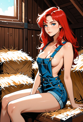 1woman, adult, sexy, petite, long hair, medium breasts, cleavage, red hair, freckles, (wearing nothing but overall shorts), blue eyes, in a barn, sitting on a bale of hay,  040790, air particles, godrays, (no shirt, no undershirt)
Negative prompt: Wide hips, thick thighs, worst quality, low quality, normal quality, bad feet, bad hands, blurry, cropped, cross-eyed, deformed, error, extra arms, extra digit, extra fingers, extra legs, extra limbs, fewer digits, fused fingers, fused limbs, gross proportions, jpeg artifacts, long neck, long body, lowres, malformed limbs, missing arms, missing fingers, missing legs, mutated hands, mutation, poorly drawn face, poorly drawn hands, signature, text, too many fingers, username, watermark, asian, muscular, navel, belly button,
Steps: 20, Sampler: Euler a, Schedule type: Automatic, CFG scale: 7, Seed: 2633187617, Size: 832x1216, Model hash: 29dd7b2a74, Model: animij_v10, Denoising strength: 0.35, Style Selector Enabled: True, Style Selector Randomize: False, Style Selector Style: base, Hires Module 1: Use same choices, Hires sampler: DPM++ 2M, Hires CFG Scale: 1, Hires schedule type: Karras, Hires upscale: 2, Hires steps: 10, Hires upscaler: 4x-UltraSharp, Version: f2.0.1v1.10.1-previous-669-gdfdcbab6