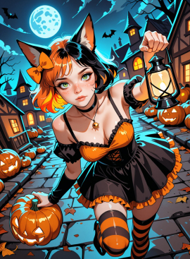 25 years old, girl, perfect face, sexy, multicolored hair, black hair, orange hair, short hair, orange hair bow, pumpkin hair ornament, fox ears, freckles, green eyes, black choker, necklace, halloween costume, striped clothes, orange dress, black dress, frilled dress, bare shoulders, short sleeves, arm warmers, stripped thighhighs, orange thighhighs, black thighhighs, holding pumpkin, holding lantern, solo, dynamic pose, dynamic angle, leaning forward, reaching towards viewer, perspective, foreshortening, leg up, night, full moon, huge moon, lantern, glowing, village, pumpkins, Halloween,
Steps: 30, Sampler: Euler a, Schedule type: Automatic, CFG scale: 7, Seed: 1286506150, Size: 896x1216, Model hash: 29dd7b2a74, Model: animij_v10, Denoising strength: 0.35, Style Selector Enabled: True, Style Selector Randomize: False, Style Selector Style: base, Hires Module 1: Use same choices, Hires sampler: DPM++ 2M, Hires CFG Scale: 1, Hires schedule type: Karras, Hires upscale: 2, Hires steps: 10, Hires upscaler: 4x-UltraSharp, Version: f2.0.1v1.10.1-previous-669-gdfdcbab6