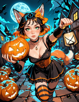 25 years old, girl, perfect face, sexy, multicolored hair, black hair, orange hair, short hair, orange hair bow, pumpkin hair ornament, fox ears, freckles, green eyes, black choker, necklace, halloween costume, striped clothes, orange dress, black dress, frilled dress, bare shoulders, short sleeves, arm warmers, stripped thighhighs, orange thighhighs, black thighhighs, holding pumpkin, holding lantern, solo, dynamic pose, dynamic angle, leaning forward, reaching towards viewer, perspective, foreshortening, leg up, night, full moon, huge moon, lantern, glowing, village, pumpkins, Halloween,
Steps: 30, Sampler: Euler a, Schedule type: Automatic, CFG scale: 7, Seed: 1286506150, Size: 896x1152, Model hash: 29dd7b2a74, Model: animij_v10, Denoising strength: 0.35, Style Selector Enabled: True, Style Selector Randomize: False, Style Selector Style: base, Hires Module 1: Use same choices, Hires sampler: DPM++ 2M, Hires CFG Scale: 1, Hires schedule type: Karras, Hires upscale: 2, Hires steps: 10, Hires upscaler: 4x-UltraSharp, Version: f2.0.1v1.10.1-previous-669-gdfdcbab6