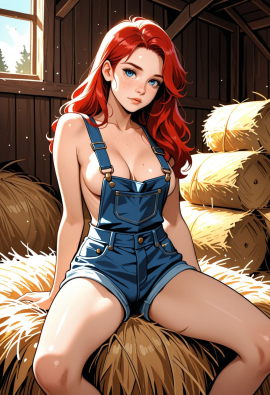 1woman, adult, sexy, petite, long hair, medium breasts, cleavage, red hair, freckles, (wearing nothing but overall shorts), blue eyes, in a barn, sitting on a bale of hay,  040790, air particles, godrays, (no shirt, no undershirt)
Negative prompt: Wide hips, thick thighs, worst quality, low quality, normal quality, bad feet, bad hands, blurry, cropped, cross-eyed, deformed, error, extra arms, extra digit, extra fingers, extra legs, extra limbs, fewer digits, fused fingers, fused limbs, gross proportions, jpeg artifacts, long neck, long body, lowres, malformed limbs, missing arms, missing fingers, missing legs, mutated hands, mutation, poorly drawn face, poorly drawn hands, signature, text, too many fingers, username, watermark, asian, muscular, navel, belly button,
Steps: 20, Sampler: Euler a, Schedule type: Automatic, CFG scale: 7, Seed: 2633187611, Size: 832x1216, Model hash: 29dd7b2a74, Model: animij_v10, Denoising strength: 0.35, Style Selector Enabled: True, Style Selector Randomize: False, Style Selector Style: base, Hires Module 1: Use same choices, Hires sampler: DPM++ 2M, Hires CFG Scale: 1, Hires schedule type: Karras, Hires upscale: 2, Hires steps: 10, Hires upscaler: 4x-UltraSharp, Version: f2.0.1v1.10.1-previous-669-gdfdcbab6