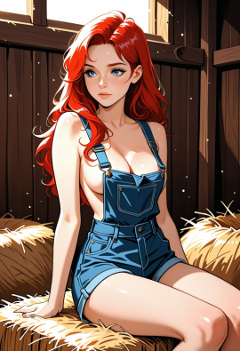 1woman, adult, sexy, petite, long hair, medium breasts, cleavage, red hair, freckles, (wearing nothing but overall shorts), blue eyes, in a barn, sitting on a bale of hay,  040790, air particles, godrays, (no shirt, no undershirt)
Negative prompt: Wide hips, thick thighs, worst quality, low quality, normal quality, bad feet, bad hands, blurry, cropped, cross-eyed, deformed, error, extra arms, extra digit, extra fingers, extra legs, extra limbs, fewer digits, fused fingers, fused limbs, gross proportions, jpeg artifacts, long neck, long body, lowres, malformed limbs, missing arms, missing fingers, missing legs, mutated hands, mutation, poorly drawn face, poorly drawn hands, signature, text, too many fingers, username, watermark, asian, muscular, navel, belly button,
Steps: 20, Sampler: Euler a, Schedule type: Automatic, CFG scale: 7, Seed: 2633187612, Size: 832x1216, Model hash: 29dd7b2a74, Model: animij_v10, Denoising strength: 0.35, Style Selector Enabled: True, Style Selector Randomize: False, Style Selector Style: base, Hires Module 1: Use same choices, Hires sampler: DPM++ 2M, Hires CFG Scale: 1, Hires schedule type: Karras, Hires upscale: 2, Hires steps: 10, Hires upscaler: 4x-UltraSharp, Version: f2.0.1v1.10.1-previous-669-gdfdcbab6