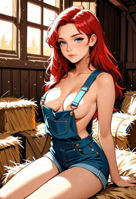 1woman, adult, sexy, petite, long hair, medium breasts, cleavage, red hair, freckles, (wearing nothing but overall shorts), blue eyes, in a barn, sitting on a bale of hay,  040790, air particles, godrays, (no shirt, no undershirt)
Negative prompt: Wide hips, thick thighs, worst quality, low quality, normal quality, bad feet, bad hands, blurry, cropped, cross-eyed, deformed, error, extra arms, extra digit, extra fingers, extra legs, extra limbs, fewer digits, fused fingers, fused limbs, gross proportions, jpeg artifacts, long neck, long body, lowres, malformed limbs, missing arms, missing fingers, missing legs, mutated hands, mutation, poorly drawn face, poorly drawn hands, signature, text, too many fingers, username, watermark, asian, muscular, navel, belly button,
Steps: 20, Sampler: Euler a, Schedule type: Automatic, CFG scale: 7, Seed: 2633187613, Size: 832x1216, Model hash: 29dd7b2a74, Model: animij_v10, Denoising strength: 0.35, Style Selector Enabled: True, Style Selector Randomize: False, Style Selector Style: base, Hires Module 1: Use same choices, Hires sampler: DPM++ 2M, Hires CFG Scale: 1, Hires schedule type: Karras, Hires upscale: 2, Hires steps: 10, Hires upscaler: 4x-UltraSharp, Version: f2.0.1v1.10.1-previous-669-gdfdcbab6
