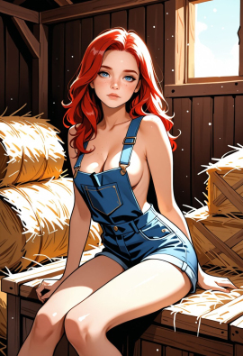 1woman, adult, sexy, petite, long hair, medium breasts, cleavage, red hair, freckles, (wearing nothing but overall shorts), blue eyes, in a barn, sitting on a bale of hay,  040790, air particles, godrays, (no shirt, no undershirt)
Negative prompt: Wide hips, thick thighs, worst quality, low quality, normal quality, bad feet, bad hands, blurry, cropped, cross-eyed, deformed, error, extra arms, extra digit, extra fingers, extra legs, extra limbs, fewer digits, fused fingers, fused limbs, gross proportions, jpeg artifacts, long neck, long body, lowres, malformed limbs, missing arms, missing fingers, missing legs, mutated hands, mutation, poorly drawn face, poorly drawn hands, signature, text, too many fingers, username, watermark, asian, muscular, navel, belly button,
Steps: 20, Sampler: Euler a, Schedule type: Automatic, CFG scale: 7, Seed: 2633187614, Size: 832x1216, Model hash: 29dd7b2a74, Model: animij_v10, Denoising strength: 0.35, Style Selector Enabled: True, Style Selector Randomize: False, Style Selector Style: base, Hires Module 1: Use same choices, Hires sampler: DPM++ 2M, Hires CFG Scale: 1, Hires schedule type: Karras, Hires upscale: 2, Hires steps: 10, Hires upscaler: 4x-UltraSharp, Version: f2.0.1v1.10.1-previous-669-gdfdcbab6