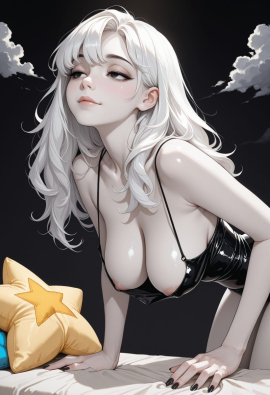 best quality, amazing quality, masterpiece, high_quality, highres, 1girl, solo, Faux patent, satin slip top, black eyes, white hair, black clothes, pale skin, cloudy, black background, polish nails, daring, hanging breasts, half closed eyes, flirty, areola slip, star pillow, light smile, look away,
Negative prompt: worst_quality, bad_quality, poorly_detailed, old,
Steps: 28, Sampler: Euler a, Schedule type: Automatic, CFG scale: 6, Seed: 187265384, Size: 832x1216, Model hash: 29dd7b2a74, Model: animij_v10, Denoising strength: 0.35, Style Selector Enabled: True, Style Selector Randomize: False, Style Selector Style: base, Hires Module 1: Use same choices, Hires sampler: DPM++ 2M, Hires CFG Scale: 1, Hires schedule type: Karras, Hires upscale: 2, Hires steps: 10, Hires upscaler: 4x-UltraSharp, Version: f2.0.1v1.10.1-previous-669-gdfdcbab6
