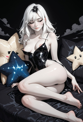 best quality, amazing quality, masterpiece, high_quality, highres, 1girl, solo, Faux patent, satin slip top, black eyes, white hair, black clothes, pale skin, cloudy, black background, polish nails, daring, bare feet, medium breasts, half closed eyes, flirty, areola slip, star pillow, light smile, look away,
Negative prompt: worst_quality, bad_quality, poorly_detailed, old,
Steps: 28, Sampler: Euler a, Schedule type: Automatic, CFG scale: 6, Seed: 187265385, Size: 832x1216, Model hash: 29dd7b2a74, Model: animij_v10, Denoising strength: 0.35, Style Selector Enabled: True, Style Selector Randomize: False, Style Selector Style: base, Hires Module 1: Use same choices, Hires sampler: DPM++ 2M, Hires CFG Scale: 1, Hires schedule type: Karras, Hires upscale: 2, Hires steps: 10, Hires upscaler: 4x-UltraSharp, Version: f2.0.1v1.10.1-previous-669-gdfdcbab6