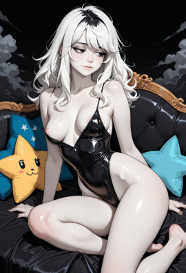 best quality, amazing quality, masterpiece, high_quality, highres, 1girl, solo, Faux patent, satin slip top, black eyes, white hair, black clothes, pale skin, cloudy, black background, polish nails, daring, bare feet, medium breasts, half closed eyes, flirty, areola slip, star pillow, light smile, look away,
Negative prompt: worst_quality, bad_quality, poorly_detailed, old,
Steps: 28, Sampler: Euler a, Schedule type: Automatic, CFG scale: 6, Seed: 187265386, Size: 832x1216, Model hash: 29dd7b2a74, Model: animij_v10, Denoising strength: 0.35, Style Selector Enabled: True, Style Selector Randomize: False, Style Selector Style: base, Hires Module 1: Use same choices, Hires sampler: DPM++ 2M, Hires CFG Scale: 1, Hires schedule type: Karras, Hires upscale: 2, Hires steps: 10, Hires upscaler: 4x-UltraSharp, Version: f2.0.1v1.10.1-previous-669-gdfdcbab6