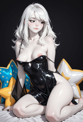 best quality, amazing quality, masterpiece, high_quality, highres, 1girl, solo, Faux patent, satin slip top, black eyes, white hair, black clothes, pale skin, cloudy, black background, polish nails, daring, bare feet, medium breasts, half closed eyes, flirty, areola slip, star pillow, light smile, look away,
Negative prompt: worst_quality, bad_quality, poorly_detailed, old,
Steps: 28, Sampler: Euler a, Schedule type: Automatic, CFG scale: 6, Seed: 187265387, Size: 832x1216, Model hash: 29dd7b2a74, Model: animij_v10, Denoising strength: 0.35, Style Selector Enabled: True, Style Selector Randomize: False, Style Selector Style: base, Hires Module 1: Use same choices, Hires sampler: DPM++ 2M, Hires CFG Scale: 1, Hires schedule type: Karras, Hires upscale: 2, Hires steps: 10, Hires upscaler: 4x-UltraSharp, Version: f2.0.1v1.10.1-previous-669-gdfdcbab6