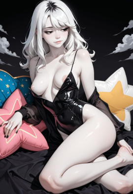 best quality, amazing quality, masterpiece, high_quality, highres, 1girl, solo, Faux patent, satin slip top, black eyes, white hair, black clothes, pale skin, cloudy, black background, polish nails, daring, bare feet, medium breasts, half closed eyes, flirty, areola slip, star pillow, light smile, look away,
Negative prompt: worst_quality, bad_quality, poorly_detailed, old,
Steps: 28, Sampler: Euler a, Schedule type: Automatic, CFG scale: 6, Seed: 187265388, Size: 832x1216, Model hash: 29dd7b2a74, Model: animij_v10, Denoising strength: 0.35, Style Selector Enabled: True, Style Selector Randomize: False, Style Selector Style: base, Hires Module 1: Use same choices, Hires sampler: DPM++ 2M, Hires CFG Scale: 1, Hires schedule type: Karras, Hires upscale: 2, Hires steps: 10, Hires upscaler: 4x-UltraSharp, Version: f2.0.1v1.10.1-previous-669-gdfdcbab6