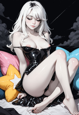 best quality, amazing quality, masterpiece, high_quality, highres, 1girl, solo, Faux patent, satin slip top, black eyes, white hair, black clothes, pale skin, cloudy, black background, polish nails, daring, bare feet, medium breasts, half closed eyes, flirty, areola slip, star pillow, light smile, look away,
Negative prompt: worst_quality, bad_quality, poorly_detailed, old,
Steps: 28, Sampler: Euler a, Schedule type: Automatic, CFG scale: 6, Seed: 187265389, Size: 832x1216, Model hash: 29dd7b2a74, Model: animij_v10, Denoising strength: 0.35, Style Selector Enabled: True, Style Selector Randomize: False, Style Selector Style: base, Hires Module 1: Use same choices, Hires sampler: DPM++ 2M, Hires CFG Scale: 1, Hires schedule type: Karras, Hires upscale: 2, Hires steps: 10, Hires upscaler: 4x-UltraSharp, Version: f2.0.1v1.10.1-previous-669-gdfdcbab6