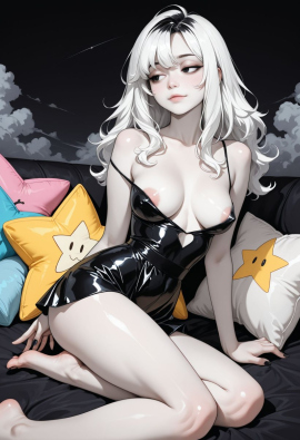 best quality, amazing quality, masterpiece, high_quality, highres, 1girl, solo, Faux patent, satin slip top, black eyes, white hair, black clothes, pale skin, cloudy, black background, polish nails, daring, bare feet, medium breasts, half closed eyes, flirty, areola slip, star pillow, light smile, look away,
Negative prompt: worst_quality, bad_quality, poorly_detailed, old,
Steps: 28, Sampler: Euler a, Schedule type: Automatic, CFG scale: 6, Seed: 187265391, Size: 832x1216, Model hash: 29dd7b2a74, Model: animij_v10, Denoising strength: 0.35, Style Selector Enabled: True, Style Selector Randomize: False, Style Selector Style: base, Hires Module 1: Use same choices, Hires sampler: DPM++ 2M, Hires CFG Scale: 1, Hires schedule type: Karras, Hires upscale: 2, Hires steps: 10, Hires upscaler: 4x-UltraSharp, Version: f2.0.1v1.10.1-previous-669-gdfdcbab6