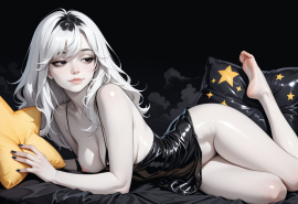 best quality, amazing quality, masterpiece, high_quality, highres, 1girl, solo, Faux patent, satin slip top, black eyes, white hair, black clothes, pale skin, cloudy, black background, polish nails, daring, bare feet, medium breasts, half closed eyes, flirty, areola slip, star pillow, light smile, look away,
Negative prompt: worst_quality, bad_quality, poorly_detailed, old,
Steps: 28, Sampler: Euler a, Schedule type: Automatic, CFG scale: 6, Seed: 187265386, Size: 1216x832, Model hash: 29dd7b2a74, Model: animij_v10, Denoising strength: 0.35, Style Selector Enabled: True, Style Selector Randomize: False, Style Selector Style: base, Hires Module 1: Use same choices, Hires sampler: DPM++ 2M, Hires CFG Scale: 1, Hires schedule type: Karras, Hires upscale: 2, Hires steps: 10, Hires upscaler: 4x-UltraSharp, Version: f2.0.1v1.10.1-previous-669-gdfdcbab6