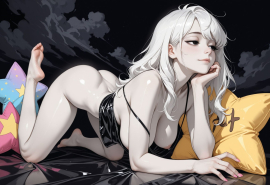 best quality, amazing quality, masterpiece, high_quality, highres, 1girl, solo, Faux patent, satin slip top, black eyes, white hair, black clothes, pale skin, cloudy, black background, polish nails, daring, bare feet, hanging breasts, half closed eyes, flirty, areola slip, star pillow, light smile, look away,
Negative prompt: worst_quality, bad_quality, poorly_detailed, old,
Steps: 28, Sampler: Euler a, Schedule type: Automatic, CFG scale: 6, Seed: 187265390, Size: 1216x832, Model hash: 29dd7b2a74, Model: animij_v10, Denoising strength: 0.35, Style Selector Enabled: True, Style Selector Randomize: False, Style Selector Style: base, Hires Module 1: Use same choices, Hires sampler: DPM++ 2M, Hires CFG Scale: 1, Hires schedule type: Karras, Hires upscale: 2, Hires steps: 10, Hires upscaler: 4x-UltraSharp, Version: f2.0.1v1.10.1-previous-669-gdfdcbab6