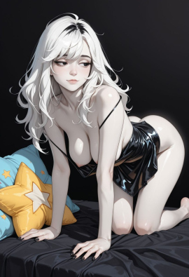 best quality, amazing quality, masterpiece, high_quality, highres, 1girl, solo, Faux patent, satin slip top, black eyes, white hair, black clothes, pale skin, cloudy, black background, polish nails, daring, bare feet, hanging breasts, half closed eyes, flirty, areola slip, star pillow, light smile, look away,
Negative prompt: worst_quality, bad_quality, poorly_detailed, old,
Steps: 28, Sampler: Euler a, Schedule type: Automatic, CFG scale: 6, Seed: 187265385, Size: 832x1216, Model hash: 29dd7b2a74, Model: animij_v10, Denoising strength: 0.35, Style Selector Enabled: True, Style Selector Randomize: False, Style Selector Style: base, Hires Module 1: Use same choices, Hires sampler: DPM++ 2M, Hires CFG Scale: 1, Hires schedule type: Karras, Hires upscale: 2, Hires steps: 10, Hires upscaler: 4x-UltraSharp, Version: f2.0.1v1.10.1-previous-669-gdfdcbab6