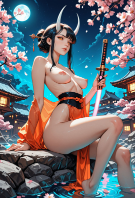 masterpiece, best quality, very aesthetic, pinkretroanime, retro art, Cyberpunk Style, cyberpunk, lazypos, lazynsfw. BREAK A beautiful adult female sits delicately on the stone edge of a tranquil pond, her body partially veiled by a curtain of sheer fabric that offers minimal coverage to her pelvis and breasts, highlighting very small sagging breasts and revealing subtle underboobs and barely covered nipples. She possesses an ethereal charm, with white, gently curved horns protruding from her head, stark against her flowing dark hair. Her eyes are striking, featuring yellow slit pupils set in black sclera, their gaze both intimate and mythic. In her hand she holds a glowing katana, ancient runes pulsing softly along the blade, its light casting sharp glimmers across her bare skin in the moonlight. The air is thick with an explicit yet artistic sensibility, evocative of old legends retold under the sakura blossoms., , The character exudes a sense of both vulnerability and power, a mythic figure revealed in dim moonshine. Her posture is relaxed but alert, toes barely touching the water, a hush of privacy mingled with the implicit wildness of the scene. Glowing accents in orange dance upon her, contrasting with the cool, monochrome world around her. The flowing curtains barely obscure her most intimate parts, drawing attention to her soft curves and the spectral beauty of her form, entirely nude except for this gossamer shroud., , BREAK , 1girl, solo, adult female, naked, minimal pelvic curtain, minimal breasts curtain, very small sagging breasts, underboobs, barely covered nipples, white horns, yellow slit pupils, black sclera, glowing katana, runes, long dark hair, expressionless face, slightly parted lips, sitting, toes in water, relaxed alert posture, moonlit skin, glowing accents, mythic, intimate, explicit, detailed anatomy, mature, fantasy, delicate hands, fragile beauty, slender build, sakura petals, curtain, sheer fabric, exposed shoulders, natural body, sitting on stone edge, ancient weapon, mythic figure, nsfw, exposed thighs, adult, vulnerable, wild, mysterious aura, artistic, , BREAK , night, outside japanese house, edge of pond, calm pond, sakura blossoms, glowing moon, moonshine, glowing accents, dim lighting, shadows, mystical ambiance, cool breeze, orange highlights, dark blue tones, monochrome blue and orange, everything else gray, glowing runes, petals drifting, dynamic camera angle, low angle, reflections in water, tranquil background, subtle architecture details, misty air, soft focus, illuminated edges, rustic wood, traditional Japanese elements, , BREAK , masterpiece, best quality, highly detailed, ultra-detailed, explicit, nsfw, cinematic lighting, vibrant glowing accents, monochrome blue and orange with gray, artstation, award-winning, photorealistic, depth of field, dynamic composition, intimate atmosphere, mythic artistry, fine details, 8k, highres     
Negative prompt: lowres, worst quality, low quality, low score, bad score, blurry, text, ugly, hooded eyes, yellow liquid, bra, panties, tattoo, lazyneg, lazyhand,
Steps: 50, Sampler: DPM++ 3M SDE, Schedule type: Exponential, CFG scale: 5, Seed: 3908940567, Size: 832x1216, Model hash: 29dd7b2a74, Model: animij_v10, Denoising strength: 0.35, Style Selector Enabled: True, Style Selector Randomize: False, Style Selector Style: base, Hires Module 1: Use same choices, Hires sampler: DPM++ 2M, Hires CFG Scale: 1, Hires schedule type: Karras, Hires upscale: 2, Hires steps: 10, Hires upscaler: 4x-UltraSharp, Version: f2.0.1v1.10.1-previous-669-gdfdcbab6