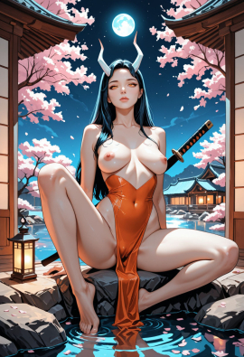 masterpiece, best quality, very aesthetic, pinkretroanime, retro art, Cyberpunk Style, cyberpunk, lazypos, lazynsfw. BREAK A beautiful adult female sits delicately on the stone edge of a tranquil pond, her body partially veiled by a curtain of sheer fabric that offers minimal coverage to her pelvis and breasts, highlighting very small sagging breasts and revealing subtle underboobs and barely covered nipples. She possesses an ethereal charm, with white, gently curved horns protruding from her head, stark against her flowing dark hair. Her eyes are striking, featuring yellow slit pupils set in black sclera, their gaze both intimate and mythic. In her hand she holds a glowing katana, ancient runes pulsing softly along the blade, its light casting sharp glimmers across her bare skin in the moonlight. The air is thick with an explicit yet artistic sensibility, evocative of old legends retold under the sakura blossoms., , The character exudes a sense of both vulnerability and power, a mythic figure revealed in dim moonshine. Her posture is relaxed but alert, toes barely touching the water, a hush of privacy mingled with the implicit wildness of the scene. Glowing accents in orange dance upon her, contrasting with the cool, monochrome world around her. The flowing curtains barely obscure her most intimate parts, drawing attention to her soft curves and the spectral beauty of her form, entirely nude except for this gossamer shroud., , BREAK , 1girl, solo, adult female, naked, minimal pelvic curtain, minimal breasts curtain, very small sagging breasts, underboobs, barely covered nipples, white horns, yellow slit pupils, black sclera, glowing katana, runes, long dark hair, expressionless face, slightly parted lips, sitting, toes in water, relaxed alert posture, moonlit skin, glowing accents, mythic, intimate, explicit, detailed anatomy, mature, fantasy, delicate hands, fragile beauty, slender build, sakura petals, curtain, sheer fabric, exposed shoulders, natural body, sitting on stone edge, ancient weapon, mythic figure, nsfw, exposed thighs, adult, vulnerable, wild, mysterious aura, artistic, , BREAK , night, outside japanese house, edge of pond, calm pond, sakura blossoms, glowing moon, moonshine, glowing accents, dim lighting, shadows, mystical ambiance, cool breeze, orange highlights, dark blue tones, monochrome blue and orange, everything else gray, glowing runes, petals drifting, dynamic camera angle, low angle, reflections in water, tranquil background, subtle architecture details, misty air, soft focus, illuminated edges, rustic wood, traditional Japanese elements, , BREAK , masterpiece, best quality, highly detailed, ultra-detailed, explicit, nsfw, cinematic lighting, vibrant glowing accents, monochrome blue and orange with gray, artstation, award-winning, photorealistic, depth of field, dynamic composition, intimate atmosphere, mythic artistry, fine details, 8k, highres     
Negative prompt: lowres, worst quality, low quality, low score, bad score, blurry, text, ugly, hooded eyes, yellow liquid, bra, panties, tattoo, lazyneg, lazyhand,
Steps: 50, Sampler: DPM++ 3M SDE, Schedule type: Exponential, CFG scale: 5, Seed: 3908940569, Size: 832x1216, Model hash: 29dd7b2a74, Model: animij_v10, Denoising strength: 0.35, Style Selector Enabled: True, Style Selector Randomize: False, Style Selector Style: base, Hires Module 1: Use same choices, Hires sampler: DPM++ 2M, Hires CFG Scale: 1, Hires schedule type: Karras, Hires upscale: 2, Hires steps: 10, Hires upscaler: 4x-UltraSharp, Version: f2.0.1v1.10.1-previous-669-gdfdcbab6