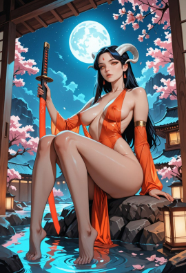 masterpiece, best quality, very aesthetic, pinkretroanime, retro art, Cyberpunk Style, cyberpunk, lazypos, lazynsfw. BREAK A beautiful adult female sits delicately on the stone edge of a tranquil pond, her body partially veiled by a curtain of sheer fabric that offers minimal coverage to her pelvis and breasts, highlighting very small sagging breasts and revealing subtle underboobs and barely covered nipples. She possesses an ethereal charm, with white, gently curved horns protruding from her head, stark against her flowing dark hair. Her eyes are striking, featuring yellow slit pupils set in black sclera, their gaze both intimate and mythic. In her hand she holds a glowing katana, ancient runes pulsing softly along the blade, its light casting sharp glimmers across her bare skin in the moonlight. The air is thick with an explicit yet artistic sensibility, evocative of old legends retold under the sakura blossoms., , The character exudes a sense of both vulnerability and power, a mythic figure revealed in dim moonshine. Her posture is relaxed but alert, toes barely touching the water, a hush of privacy mingled with the implicit wildness of the scene. Glowing accents in orange dance upon her, contrasting with the cool, monochrome world around her. The flowing curtains barely obscure her most intimate parts, drawing attention to her soft curves and the spectral beauty of her form, entirely nude except for this gossamer shroud., , BREAK , 1girl, solo, adult female, naked, minimal pelvic curtain, minimal breasts curtain, very small sagging breasts, underboobs, barely covered nipples, white horns, yellow slit pupils, black sclera, glowing katana, runes, long dark hair, expressionless face, slightly parted lips, sitting, toes in water, relaxed alert posture, moonlit skin, glowing accents, mythic, intimate, explicit, detailed anatomy, mature, fantasy, delicate hands, fragile beauty, slender build, sakura petals, curtain, sheer fabric, exposed shoulders, natural body, sitting on stone edge, ancient weapon, mythic figure, nsfw, exposed thighs, adult, vulnerable, wild, mysterious aura, artistic, , BREAK , night, outside japanese house, edge of pond, calm pond, sakura blossoms, glowing moon, moonshine, glowing accents, dim lighting, shadows, mystical ambiance, cool breeze, orange highlights, dark blue tones, monochrome blue and orange, everything else gray, glowing runes, petals drifting, dynamic camera angle, low angle, reflections in water, tranquil background, subtle architecture details, misty air, soft focus, illuminated edges, rustic wood, traditional Japanese elements, , BREAK , masterpiece, best quality, highly detailed, ultra-detailed, explicit, nsfw, cinematic lighting, vibrant glowing accents, monochrome blue and orange with gray, artstation, award-winning, photorealistic, depth of field, dynamic composition, intimate atmosphere, mythic artistry, fine details, 8k, highres     
Negative prompt: lowres, worst quality, low quality, low score, bad score, blurry, text, ugly, hooded eyes, yellow liquid, bra, panties, tattoo, lazyneg, lazyhand,
Steps: 50, Sampler: DPM++ 3M SDE, Schedule type: Exponential, CFG scale: 5, Seed: 3908940572, Size: 832x1216, Model hash: 29dd7b2a74, Model: animij_v10, Denoising strength: 0.35, Style Selector Enabled: True, Style Selector Randomize: False, Style Selector Style: base, Hires Module 1: Use same choices, Hires sampler: DPM++ 2M, Hires CFG Scale: 1, Hires schedule type: Karras, Hires upscale: 2, Hires steps: 10, Hires upscaler: 4x-UltraSharp, Version: f2.0.1v1.10.1-previous-669-gdfdcbab6