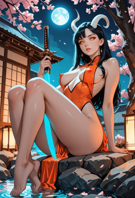 masterpiece, best quality, very aesthetic, pinkretroanime, retro art, Cyberpunk Style, cyberpunk, lazypos, lazynsfw. BREAK A beautiful adult female sits delicately on the stone edge of a tranquil pond, her body partially veiled by a curtain of sheer fabric that offers minimal coverage to her pelvis and breasts, highlighting very small sagging breasts and revealing subtle underboobs and barely covered nipples. She possesses an ethereal charm, with white, gently curved horns protruding from her head, stark against her flowing dark hair. Her eyes are striking, featuring yellow slit pupils set in black sclera, their gaze both intimate and mythic. In her hand she holds a glowing katana, ancient runes pulsing softly along the blade, its light casting sharp glimmers across her bare skin in the moonlight. The air is thick with an explicit yet artistic sensibility, evocative of old legends retold under the sakura blossoms., , The character exudes a sense of both vulnerability and power, a mythic figure revealed in dim moonshine. Her posture is relaxed but alert, toes barely touching the water, a hush of privacy mingled with the implicit wildness of the scene. Glowing accents in orange dance upon her, contrasting with the cool, monochrome world around her. The flowing curtains barely obscure her most intimate parts, drawing attention to her soft curves and the spectral beauty of her form, entirely nude except for this gossamer shroud., , BREAK , 1girl, solo, adult female, naked, minimal pelvic curtain, minimal breasts curtain, very small sagging breasts, underboobs, barely covered nipples, white horns, yellow slit pupils, black sclera, glowing katana, runes, long dark hair, expressionless face, slightly parted lips, sitting, toes in water, relaxed alert posture, moonlit skin, glowing accents, mythic, intimate, explicit, detailed anatomy, mature, fantasy, delicate hands, fragile beauty, slender build, sakura petals, curtain, sheer fabric, exposed shoulders, natural body, sitting on stone edge, ancient weapon, mythic figure, nsfw, exposed thighs, adult, vulnerable, wild, mysterious aura, artistic, , BREAK , night, outside japanese house, edge of pond, calm pond, sakura blossoms, glowing moon, moonshine, glowing accents, dim lighting, shadows, mystical ambiance, cool breeze, orange highlights, dark blue tones, monochrome blue and orange, everything else gray, glowing runes, petals drifting, dynamic camera angle, low angle, reflections in water, tranquil background, subtle architecture details, misty air, soft focus, illuminated edges, rustic wood, traditional Japanese elements, , BREAK , masterpiece, best quality, highly detailed, ultra-detailed, explicit, nsfw, cinematic lighting, vibrant glowing accents, monochrome blue and orange with gray, artstation, award-winning, photorealistic, depth of field, dynamic composition, intimate atmosphere, mythic artistry, fine details, 8k, highres     
Negative prompt: lowres, worst quality, low quality, low score, bad score, blurry, text, ugly, hooded eyes, yellow liquid, bra, panties, tattoo, lazyneg, lazyhand,
Steps: 50, Sampler: DPM++ 3M SDE, Schedule type: Exponential, CFG scale: 5, Seed: 3908940574, Size: 832x1216, Model hash: 29dd7b2a74, Model: animij_v10, Denoising strength: 0.35, Style Selector Enabled: True, Style Selector Randomize: False, Style Selector Style: base, Hires Module 1: Use same choices, Hires sampler: DPM++ 2M, Hires CFG Scale: 1, Hires schedule type: Karras, Hires upscale: 2, Hires steps: 10, Hires upscaler: 4x-UltraSharp, Version: f2.0.1v1.10.1-previous-669-gdfdcbab6