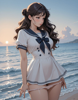 masterpiece, high_quality, highres, 1girl, woman, looking_at_afar, blush, panty_pull, sailor_dress, hairbun, wavy_hair, ocean_background,
Negative prompt: worst_quality, bad_quality, poorly_detailed, young,
Steps: 30, Sampler: Euler a, Schedule type: Automatic, CFG scale: 4, Seed: 944324740, Size: 896x1152, Model hash: 29dd7b2a74, Model: animij_v10, Denoising strength: 0.35, Clip skip: 2, Style Selector Enabled: True, Style Selector Randomize: False, Style Selector Style: base, Hires Module 1: Use same choices, Hires sampler: DPM++ 2M, Hires CFG Scale: 1, Hires schedule type: Karras, Hires upscale: 2, Hires steps: 10, Hires upscaler: 4x-UltraSharp, Version: f2.0.1v1.10.1-previous-669-gdfdcbab6