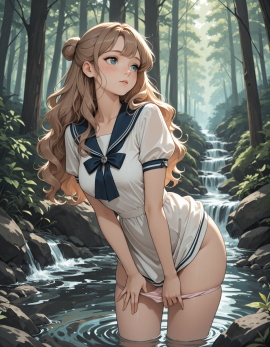 masterpiece, high_quality, highres, 1girl, woman, looking_at_afar, blush, panty_pull, sailor_dress, hairbun, wavy_hair, stream, forest_background,
Negative prompt: worst_quality, bad_quality, poorly_detailed, young,
Steps: 30, Sampler: Euler a, Schedule type: Automatic, CFG scale: 4, Seed: 944324740, Size: 896x1152, Model hash: 29dd7b2a74, Model: animij_v10, Denoising strength: 0.35, Clip skip: 2, Style Selector Enabled: True, Style Selector Randomize: False, Style Selector Style: base, Hires Module 1: Use same choices, Hires sampler: DPM++ 2M, Hires CFG Scale: 1, Hires schedule type: Karras, Hires upscale: 2, Hires steps: 10, Hires upscaler: 4x-UltraSharp, Version: f2.0.1v1.10.1-previous-669-gdfdcbab6