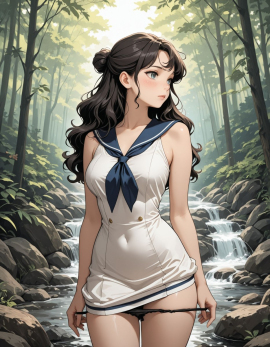 masterpiece, high_quality, highres, 1girl, woman, looking_at_afar, blush, panty_pull, sailor_dress, hairbun, wavy_hair, stream, forest_background,
Negative prompt: worst_quality, bad_quality, poorly_detailed, young,
Steps: 30, Sampler: Euler a, Schedule type: Automatic, CFG scale: 4, Seed: 944324741, Size: 896x1152, Model hash: 29dd7b2a74, Model: animij_v10, Denoising strength: 0.35, Clip skip: 2, Style Selector Enabled: True, Style Selector Randomize: False, Style Selector Style: base, Hires Module 1: Use same choices, Hires sampler: DPM++ 2M, Hires CFG Scale: 1, Hires schedule type: Karras, Hires upscale: 2, Hires steps: 10, Hires upscaler: 4x-UltraSharp, Version: f2.0.1v1.10.1-previous-669-gdfdcbab6