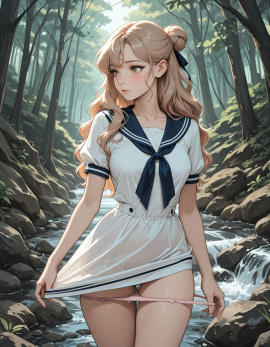 masterpiece, high_quality, highres, 1girl, woman, looking_at_afar, blush, panty_pull, sailor_dress, hairbun, wavy_hair, stream, forest_background,
Negative prompt: worst_quality, bad_quality, poorly_detailed, young,
Steps: 30, Sampler: Euler a, Schedule type: Automatic, CFG scale: 4, Seed: 944324743, Size: 896x1152, Model hash: 29dd7b2a74, Model: animij_v10, Denoising strength: 0.35, Clip skip: 2, Style Selector Enabled: True, Style Selector Randomize: False, Style Selector Style: base, Hires Module 1: Use same choices, Hires sampler: DPM++ 2M, Hires CFG Scale: 1, Hires schedule type: Karras, Hires upscale: 2, Hires steps: 10, Hires upscaler: 4x-UltraSharp, Version: f2.0.1v1.10.1-previous-669-gdfdcbab6