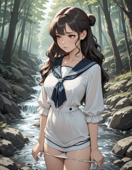 masterpiece, high_quality, highres, 1girl, woman, looking_at_afar, blush, panty_pull, sailor_dress, hairbun, wavy_hair, stream, forest_background,
Negative prompt: worst_quality, bad_quality, poorly_detailed, young,
Steps: 30, Sampler: Euler a, Schedule type: Automatic, CFG scale: 4, Seed: 944324744, Size: 896x1152, Model hash: 29dd7b2a74, Model: animij_v10, Denoising strength: 0.35, Clip skip: 2, Style Selector Enabled: True, Style Selector Randomize: False, Style Selector Style: base, Hires Module 1: Use same choices, Hires sampler: DPM++ 2M, Hires CFG Scale: 1, Hires schedule type: Karras, Hires upscale: 2, Hires steps: 10, Hires upscaler: 4x-UltraSharp, Version: f2.0.1v1.10.1-previous-669-gdfdcbab6