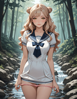 masterpiece, high_quality, highres, 1girl, woman, looking_at_afar, blush, panty_pull, sailor_dress, hairbun, wavy_hair, stream, forest_background,
Negative prompt: worst_quality, bad_quality, poorly_detailed, young,
Steps: 30, Sampler: Euler a, Schedule type: Automatic, CFG scale: 4, Seed: 944324745, Size: 896x1152, Model hash: 29dd7b2a74, Model: animij_v10, Denoising strength: 0.35, Clip skip: 2, Style Selector Enabled: True, Style Selector Randomize: False, Style Selector Style: base, Hires Module 1: Use same choices, Hires sampler: DPM++ 2M, Hires CFG Scale: 1, Hires schedule type: Karras, Hires upscale: 2, Hires steps: 10, Hires upscaler: 4x-UltraSharp, Version: f2.0.1v1.10.1-previous-669-gdfdcbab6
