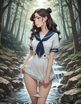 masterpiece, high_quality, highres, 1girl, woman, looking_at_afar, blush, panty_pull, sailor_dress, hairbun, wavy_hair, stream, forest_background,
Negative prompt: worst_quality, bad_quality, poorly_detailed, young,
Steps: 30, Sampler: Euler a, Schedule type: Automatic, CFG scale: 4, Seed: 944324746, Size: 896x1152, Model hash: 29dd7b2a74, Model: animij_v10, Denoising strength: 0.35, Clip skip: 2, Style Selector Enabled: True, Style Selector Randomize: False, Style Selector Style: base, Hires Module 1: Use same choices, Hires sampler: DPM++ 2M, Hires CFG Scale: 1, Hires schedule type: Karras, Hires upscale: 2, Hires steps: 10, Hires upscaler: 4x-UltraSharp, Version: f2.0.1v1.10.1-previous-669-gdfdcbab6