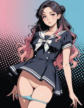 masterpiece, high_quality, highres, flat_colors, gradient, woman, looking_at_afar, blush, panty_pull, sailor_dress, hairbun, wavy_hair, halftone_background, black_background
Negative prompt: worst_quality, bad_quality, poorly_detailed, young,
Steps: 30, Sampler: Euler a, Schedule type: Automatic, CFG scale: 4, Seed: 944324739, Size: 896x1152, Model hash: 29dd7b2a74, Model: animij_v10, Denoising strength: 0.35, Clip skip: 2, Style Selector Enabled: True, Style Selector Randomize: False, Style Selector Style: base, Hires Module 1: Use same choices, Hires sampler: DPM++ 2M, Hires CFG Scale: 1, Hires schedule type: Karras, Hires upscale: 2, Hires steps: 10, Hires upscaler: 4x-UltraSharp, Version: f2.0.1v1.10.1-previous-669-gdfdcbab6