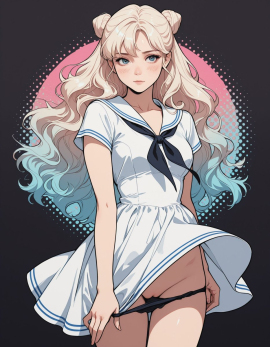 masterpiece, high_quality, highres, flat_colors, gradient, woman, looking_at_afar, blush, panty_pull, sailor_dress, hairbun, wavy_hair, halftone_background, black_background
Negative prompt: worst_quality, bad_quality, poorly_detailed, young,
Steps: 30, Sampler: Euler a, Schedule type: Automatic, CFG scale: 4, Seed: 944324741, Size: 896x1152, Model hash: 29dd7b2a74, Model: animij_v10, Denoising strength: 0.35, Clip skip: 2, Style Selector Enabled: True, Style Selector Randomize: False, Style Selector Style: base, Hires Module 1: Use same choices, Hires sampler: DPM++ 2M, Hires CFG Scale: 1, Hires schedule type: Karras, Hires upscale: 2, Hires steps: 10, Hires upscaler: 4x-UltraSharp, Version: f2.0.1v1.10.1-previous-669-gdfdcbab6