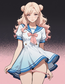 masterpiece, high_quality, highres, flat_colors, gradient, woman, looking_at_afar, blush, panty_pull, sailor_dress, hairbun, wavy_hair, halftone_background, black_background
Negative prompt: worst_quality, bad_quality, poorly_detailed, young,
Steps: 30, Sampler: Euler a, Schedule type: Automatic, CFG scale: 4, Seed: 944324742, Size: 896x1152, Model hash: 29dd7b2a74, Model: animij_v10, Denoising strength: 0.35, Clip skip: 2, Style Selector Enabled: True, Style Selector Randomize: False, Style Selector Style: base, Hires Module 1: Use same choices, Hires sampler: DPM++ 2M, Hires CFG Scale: 1, Hires schedule type: Karras, Hires upscale: 2, Hires steps: 10, Hires upscaler: 4x-UltraSharp, Version: f2.0.1v1.10.1-previous-669-gdfdcbab6