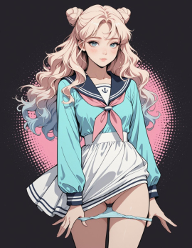 masterpiece, high_quality, highres, flat_colors, gradient, woman, looking_at_afar, blush, panty_pull, sailor_dress, hairbun, wavy_hair, halftone_background, black_background
Negative prompt: worst_quality, bad_quality, poorly_detailed, young,
Steps: 30, Sampler: Euler a, Schedule type: Automatic, CFG scale: 4, Seed: 944324743, Size: 896x1152, Model hash: 29dd7b2a74, Model: animij_v10, Denoising strength: 0.35, Clip skip: 2, Style Selector Enabled: True, Style Selector Randomize: False, Style Selector Style: base, Hires Module 1: Use same choices, Hires sampler: DPM++ 2M, Hires CFG Scale: 1, Hires schedule type: Karras, Hires upscale: 2, Hires steps: 10, Hires upscaler: 4x-UltraSharp, Version: f2.0.1v1.10.1-previous-669-gdfdcbab6