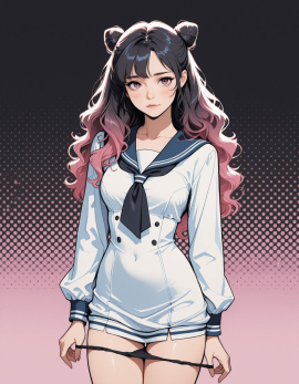 masterpiece, high_quality, highres, flat_colors, gradient, woman, looking_at_afar, blush, panty_pull, sailor_dress, hairbun, wavy_hair, halftone_background, black_background
Negative prompt: worst_quality, bad_quality, poorly_detailed, young,
Steps: 30, Sampler: Euler a, Schedule type: Automatic, CFG scale: 4, Seed: 944324744, Size: 896x1152, Model hash: 29dd7b2a74, Model: animij_v10, Denoising strength: 0.35, Clip skip: 2, Style Selector Enabled: True, Style Selector Randomize: False, Style Selector Style: base, Hires Module 1: Use same choices, Hires sampler: DPM++ 2M, Hires CFG Scale: 1, Hires schedule type: Karras, Hires upscale: 2, Hires steps: 10, Hires upscaler: 4x-UltraSharp, Version: f2.0.1v1.10.1-previous-669-gdfdcbab6