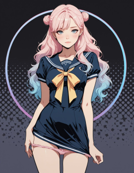 masterpiece, high_quality, highres, flat_colors, gradient, woman, looking_at_afar, blush, panty_pull, sailor_dress, hairbun, wavy_hair, halftone_background, black_background
Negative prompt: worst_quality, bad_quality, poorly_detailed, young,
Steps: 30, Sampler: Euler a, Schedule type: Automatic, CFG scale: 4, Seed: 944324745, Size: 896x1152, Model hash: 29dd7b2a74, Model: animij_v10, Denoising strength: 0.35, Clip skip: 2, Style Selector Enabled: True, Style Selector Randomize: False, Style Selector Style: base, Hires Module 1: Use same choices, Hires sampler: DPM++ 2M, Hires CFG Scale: 1, Hires schedule type: Karras, Hires upscale: 2, Hires steps: 10, Hires upscaler: 4x-UltraSharp, Version: f2.0.1v1.10.1-previous-669-gdfdcbab6